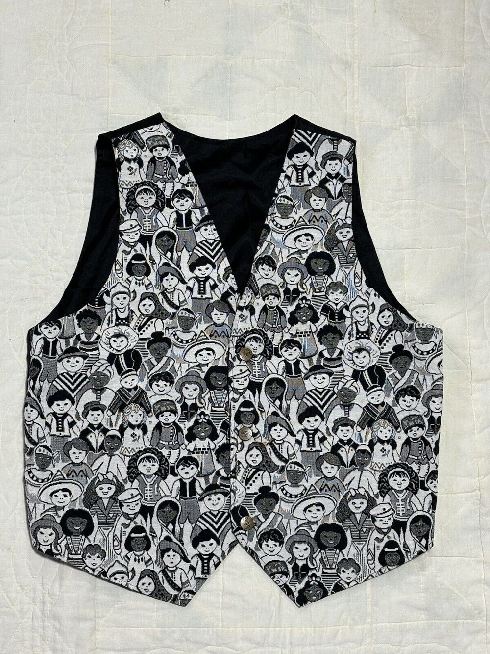 Vntg 90s Children of the World Theme Tapestry Vest Button Up Sz Large Von AS IS
